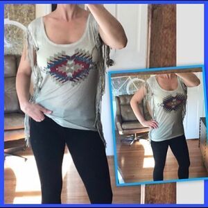 ANAMA AZTEC PRINT GRAPHIC DISTRESSED FRINGE S